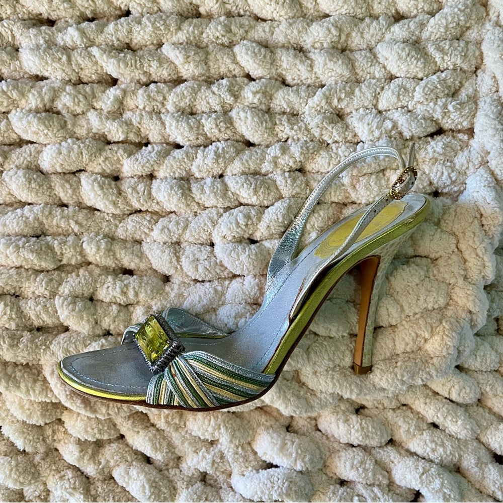 Rene Caovilla Bejeweled Rhinestone Buckle Metallic Leather Snakeskin Heel Sandal - Picture 7 of 11